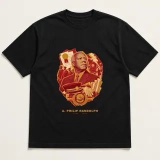 Front of a black tee with a three-color mixed-media design for A. Philip Randolph
