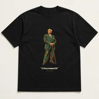 Front of a black tee carrying the mid-century A. Philip Randolph design