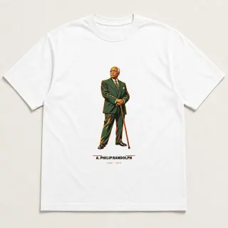 Front of a white tee carrying the mid-century A. Philip Randolph design