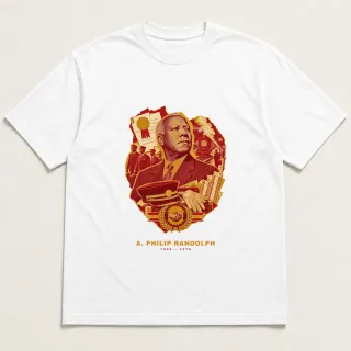 Front of a white tee with a three-color mixed-media design for A. Philip Randolph