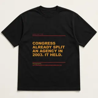 Front of a black tee reading "Congress already split an agency in 2003. It held." with the Abolish ICE page address printed under it