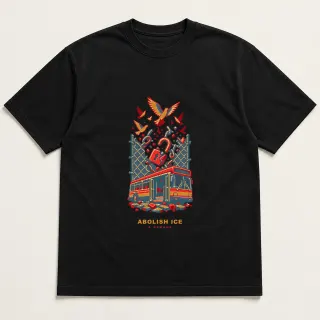 Front of a black tee with a four-color pixel-art design for Abolish ICE