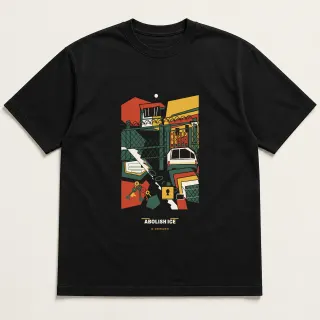 Front of a black tee carrying the cut paper modern Abolish ICE design