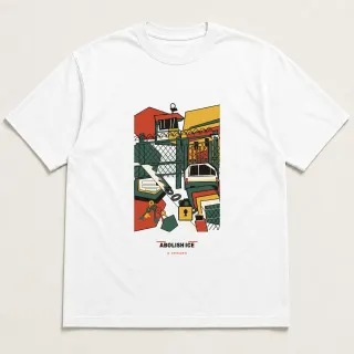 Front of a white tee carrying the cut paper modern Abolish ICE design