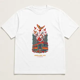 Front of a white tee with a four-color pixel-art design for Abolish ICE
