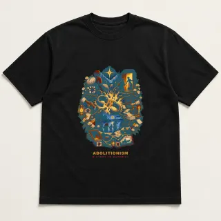 Front of a black tee with a four-color pixel-art design for Abolitionism