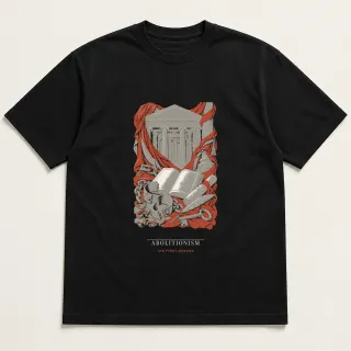 Front of a black tee carrying the neoclassical Abolitionism design