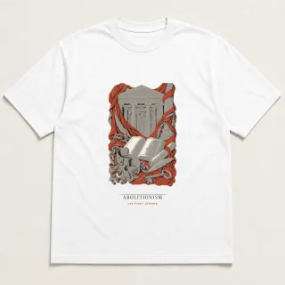 Front of a white tee carrying the neoclassical Abolitionism design