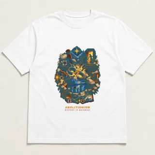 Front of a white tee with a four-color pixel-art design for Abolitionism