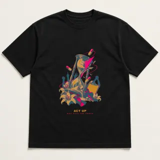 Front of a black tee with a two-color engraved design for ACT UP