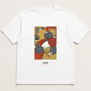 Front of a white tee carrying the archive collage ACT UP design