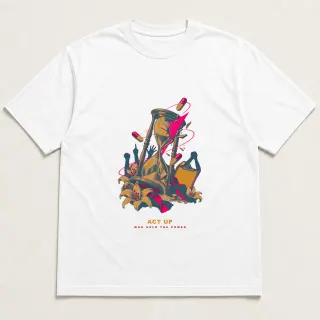 Front of a white tee with a two-color engraved design for ACT UP