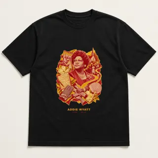 Front of a black tee with a three-color mixed-media design for Addie Wyatt