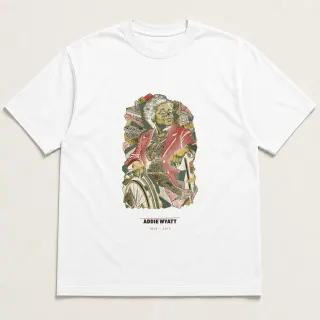 Front of a white tee carrying the scrapbook Addie Wyatt design