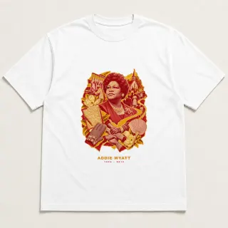 Front of a white tee with a three-color mixed-media design for Addie Wyatt