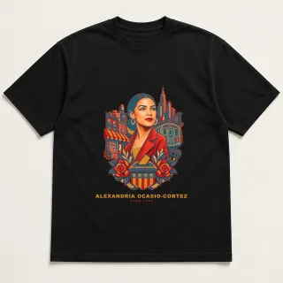 Front of a black tee with a four-color pixel-art design for Alexandria Ocasio-Cortez