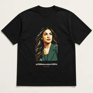 Front of a black tee carrying the cut paper modern Alexandria Ocasio-Cortez design