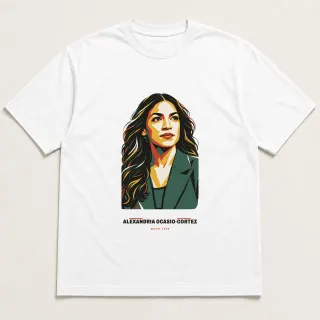 Front of a white tee carrying the cut paper modern Alexandria Ocasio-Cortez design