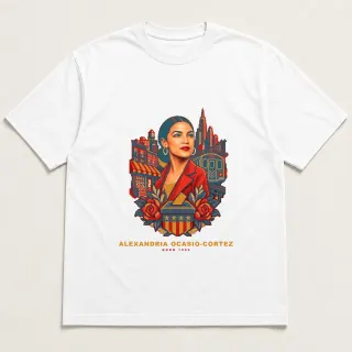 Front of a white tee with a four-color pixel-art design for Alexandria Ocasio-Cortez