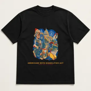 Front of a black tee with a three-color mixed-media design for Americans with Disabilities Act