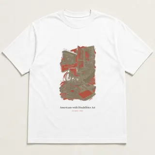 Front of a white tee carrying the unfinished hand Americans with Disabilities Act design