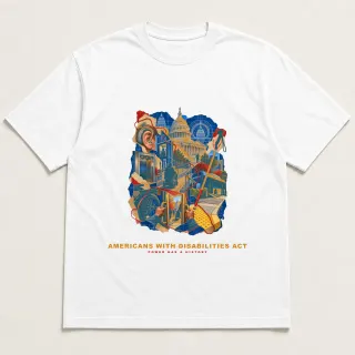 Front of a white tee with a three-color mixed-media design for Americans with Disabilities Act