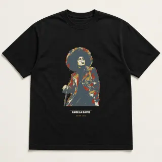 Front of a black tee carrying the mixed media Angela Davis design