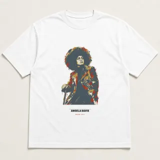 Front of a white tee carrying the mixed media Angela Davis design