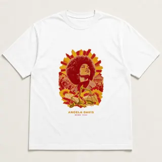 Front of a white tee with a three-color mixed-media design for Angela Davis
