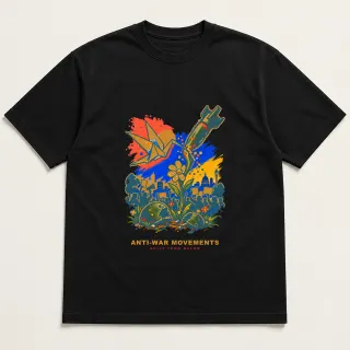 Front of a black tee with a four-color pixel-art design for Anti-War Movements