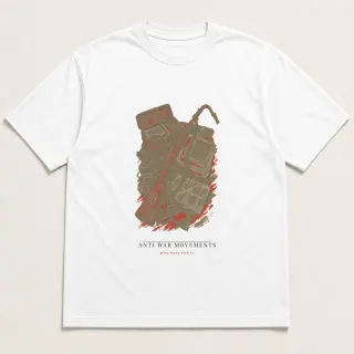 Front of a white tee carrying the wabi sabi Anti-War Movements design