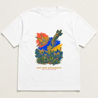 Front of a white tee with a four-color pixel-art design for Anti-War Movements
