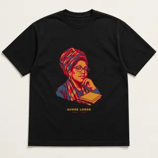 Front of a black tee with a four-color pixel-art design for Audre Lorde