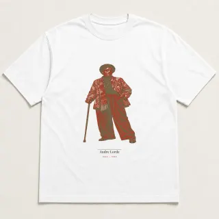 Front of a white tee carrying the light academia Audre Lorde design