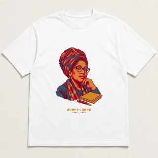 Front of a white tee with a four-color pixel-art design for Audre Lorde