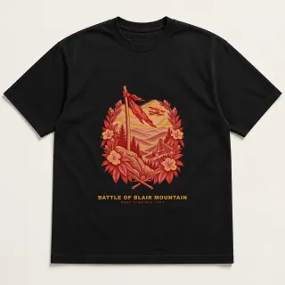 Front of a black tee with a two-color engraved design for Battle of Blair Mountain