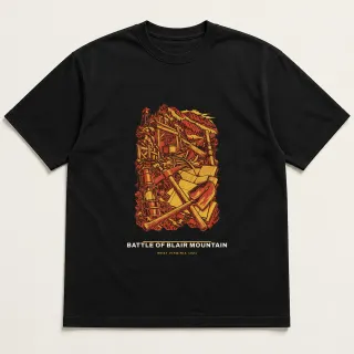 Front of a black tee carrying the civic modern Battle of Blair Mountain design