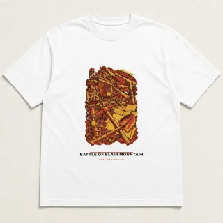 Front of a white tee carrying the civic modern Battle of Blair Mountain design