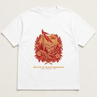 Front of a white tee with a two-color engraved design for Battle of Blair Mountain