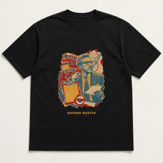 Front of a black tee with a three-color mixed-media design for Bayard Rustin