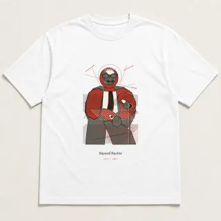 Front of a white tee carrying the conceptual sketch Bayard Rustin design