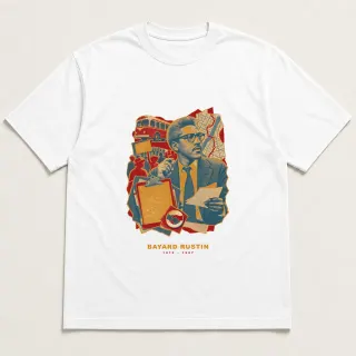 Front of a white tee with a three-color mixed-media design for Bayard Rustin