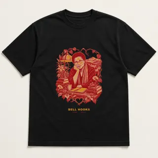 Front of a black tee with a two-color engraved design for bell hooks