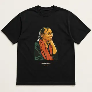 Front of a black tee carrying the mid-century bell hooks design