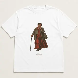 Front of a white tee carrying the light academia bell hooks design
