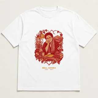 Front of a white tee with a two-color engraved design for bell hooks