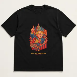 Front of a black tee with a four-color pixel-art design for Bernie Sanders
