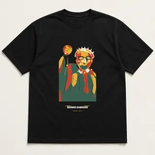 Front of a black tee carrying the cut paper modern Bernie Sanders design