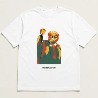 Front of a white tee carrying the cut paper modern Bernie Sanders design