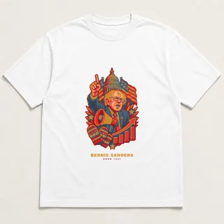 Front of a white tee with a four-color pixel-art design for Bernie Sanders